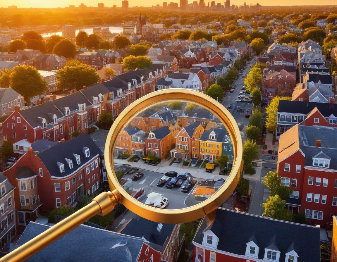 A detailed cityscape of Somerville highlighting diverse housing styles from modern apartments to charming Victorian homes, overlaid with transparent graphs and icons representing smart investment strategies. Include a compass and magnifying glass symbolizing navigation through the market. The skyline should be vibrant and engaging with a warm sunset background. super-realistic. vibrant colors. 3D.
