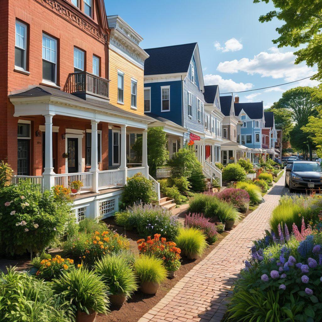 A scenic view of Somerville, blending historic architecture with modern buildings, featuring a diverse group of first-time home buyers and investors discussing house options. Add elements like open house signs, cozy homes with gardens, and a backdrop of a vibrant local neighborhood. Incorporate a bright, sunny day to create an inviting atmosphere. super-realistic. vibrant colors. 3D.
