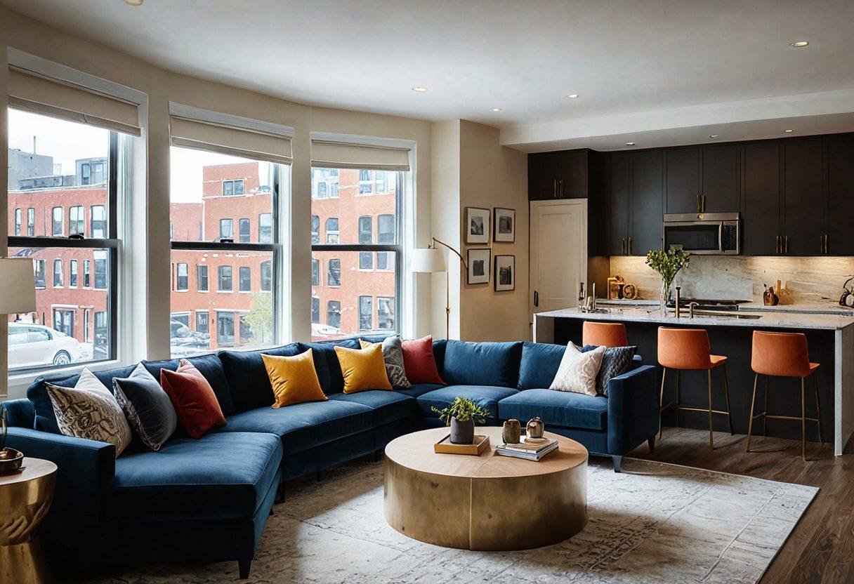 A stylish, modern Somerville condominium interior showcasing luxury living on a budget. Include elegant furniture, warm lighting, and inviting decor that exudes comfort and sophistication. In the background, depict a vibrant cityscape visible through large windows, emphasizing the urban setting. Incorporate diverse individuals enjoying the space, illustrating that luxury is accessible to everyone. super-realistic. vibrant colors. warm tones.